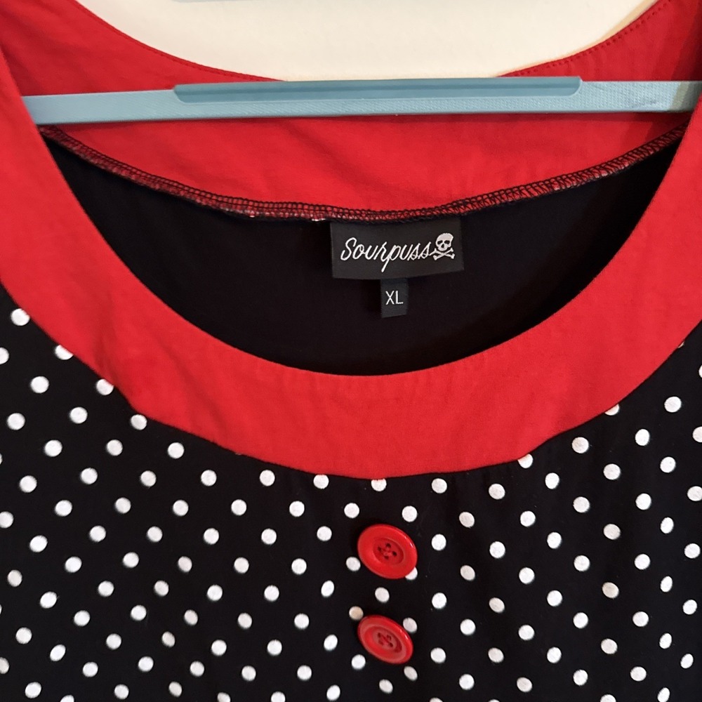 Sourpuss Belki Dress CL Red Black White Polka Dot Stretch Pinup Rockabilly - Picture 2 of 6